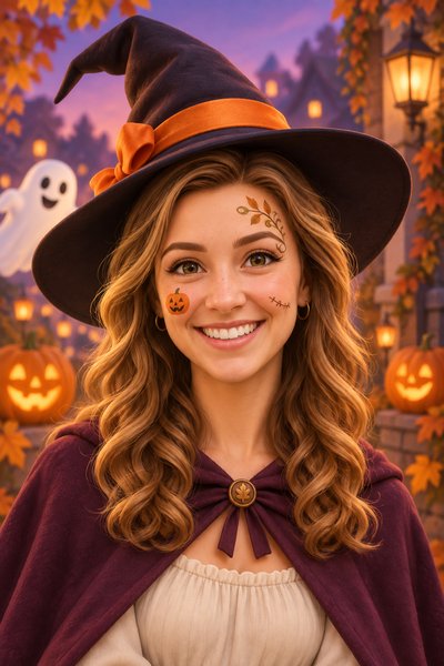 AI-generated Halloween cartoon headshot with pumpkin and autumn-leaf makeup